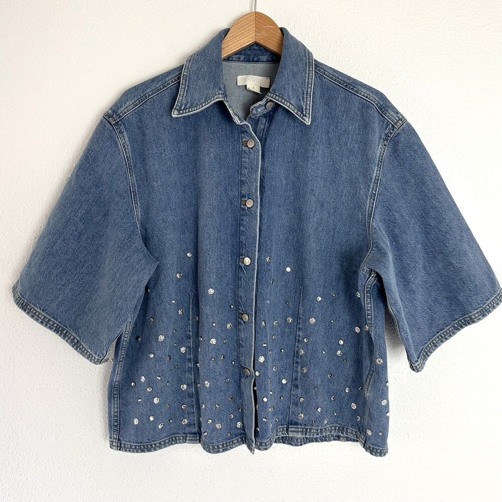 COS Blue Denim Studded Short-Sleeve Button-Up Shirt